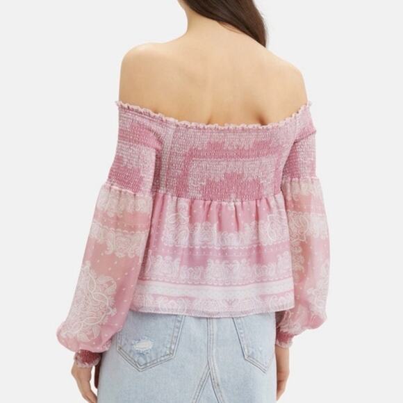 INTERMIX Silk Penelope Paisley Off-The-Shoulder smocked long sleeve Top small - Picture 2 of 13